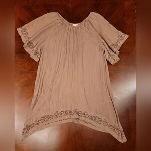 3X Indigo Soul Brown Gauze Dress Embroidered Detail & Flouce Sleeve